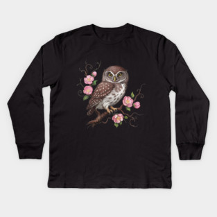 Whimsical Pygmy Owl with Blossoms Vintage Style Kids Long Sleeve T-Shirt