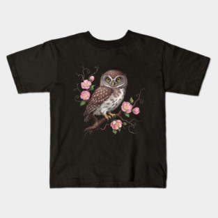 Whimsical Pygmy Owl with Blossoms Vintage Style Kids T-Shirt