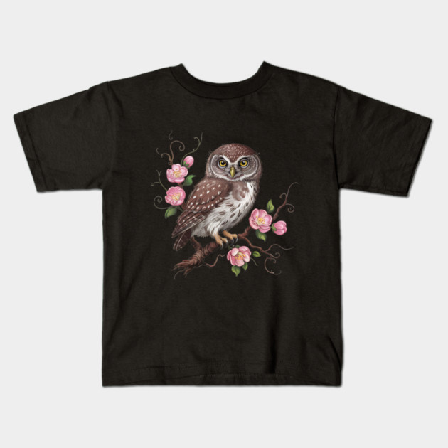 Whimsical Pygmy Owl with Blossoms Vintage Style Kids T-Shirt by BirdsnStuff