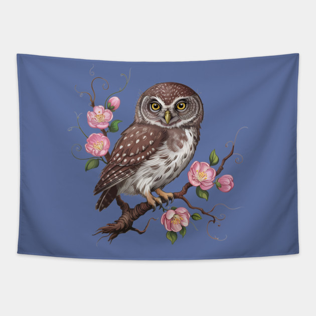 Whimsical Pygmy Owl with Blossoms Vintage Style Tapestry by BirdsnStuff