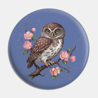 Whimsical Pygmy Owl with Blossoms Vintage Style Pin