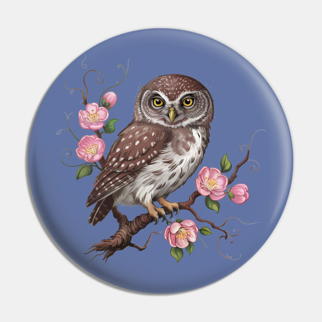 Whimsical Pygmy Owl with Blossoms Vintage Style Pin by BirdsnStuff