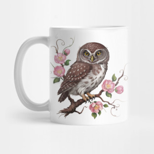 Whimsical Pygmy Owl with Blossoms Vintage Style Mug