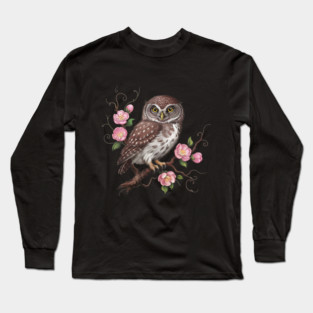 Whimsical Pygmy Owl with Blossoms Vintage Style Long Sleeve T-Shirt