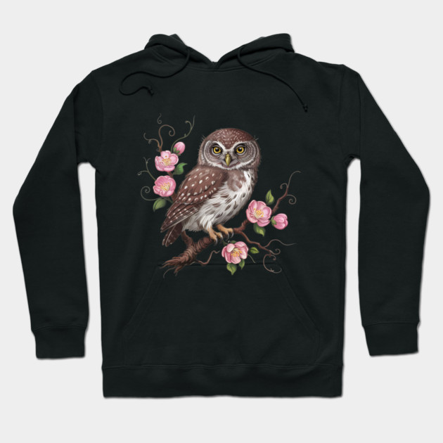 Whimsical Pygmy Owl with Blossoms Vintage Style Hoodie by BirdsnStuff