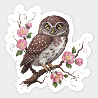 Whimsical Pygmy Owl with Blossoms Vintage Style Sticker