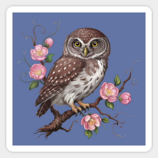 Whimsical Pygmy Owl with Blossoms Vintage Style Magnet