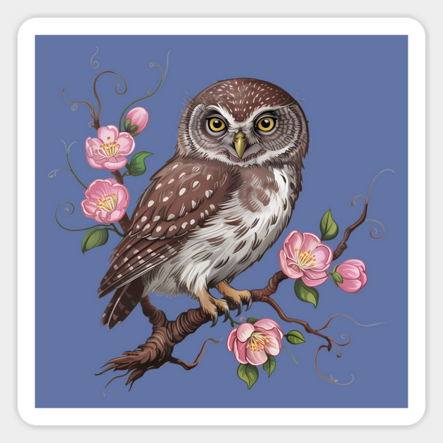 Whimsical Pygmy Owl with Blossoms Vintage Style Magnet by BirdsnStuff