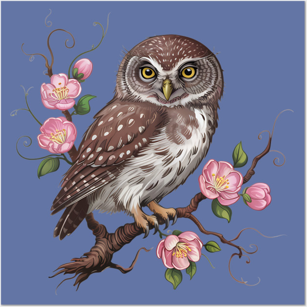 Whimsical Pygmy Owl with Blossoms Vintage Style Wall Art by BirdsnStuff
