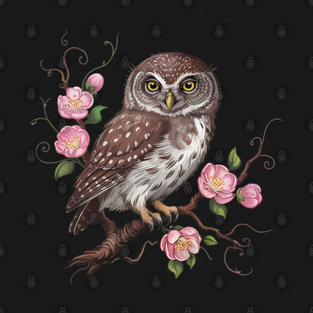 Whimsical Pygmy Owl with Blossoms Vintage Style by BirdsnStuff
