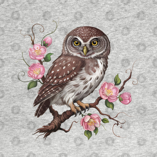 Whimsical Pygmy Owl with Blossoms Vintage Style by BirdsnStuff