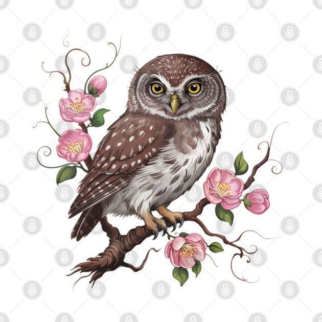 Whimsical Pygmy Owl with Blossoms Vintage Style by BirdsnStuff