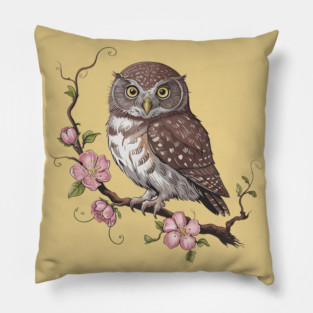 Pygmy Owl with Blossoms Vintage Botanical Art Pillow