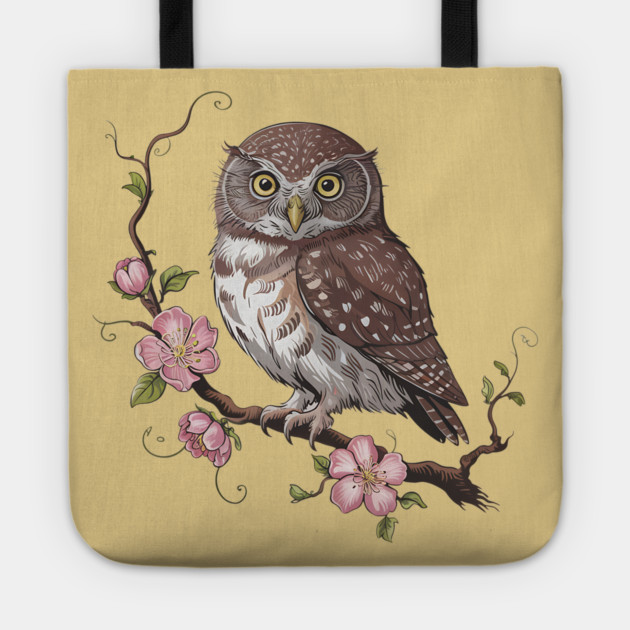 Pygmy Owl with Blossoms Vintage Botanical Art Tote by BirdsnStuff
