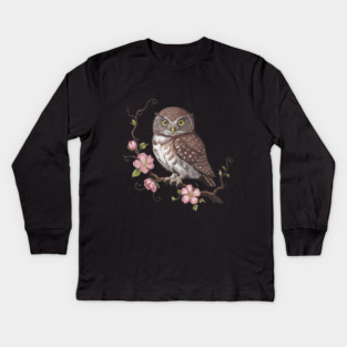 Pygmy Owl with Blossoms Vintage Botanical Art Kids Long Sleeve T-Shirt