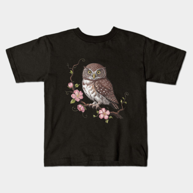 Pygmy Owl with Blossoms Vintage Botanical Art Kids T-Shirt by BirdsnStuff