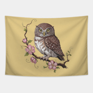 Pygmy Owl with Blossoms Vintage Botanical Art Tapestry