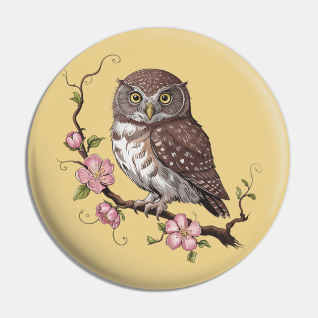 Pygmy Owl with Blossoms Vintage Botanical Art Pin by BirdsnStuff