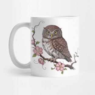 Pygmy Owl with Blossoms Vintage Botanical Art Mug