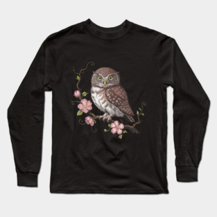 Pygmy Owl with Blossoms Vintage Botanical Art Long Sleeve T-Shirt