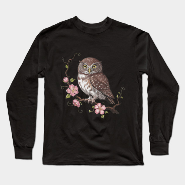 Pygmy Owl with Blossoms Vintage Botanical Art Long Sleeve T-Shirt by BirdsnStuff