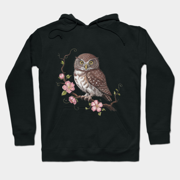 Pygmy Owl with Blossoms Vintage Botanical Art Hoodie by BirdsnStuff