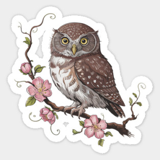 Pygmy Owl with Blossoms Vintage Botanical Art Sticker
