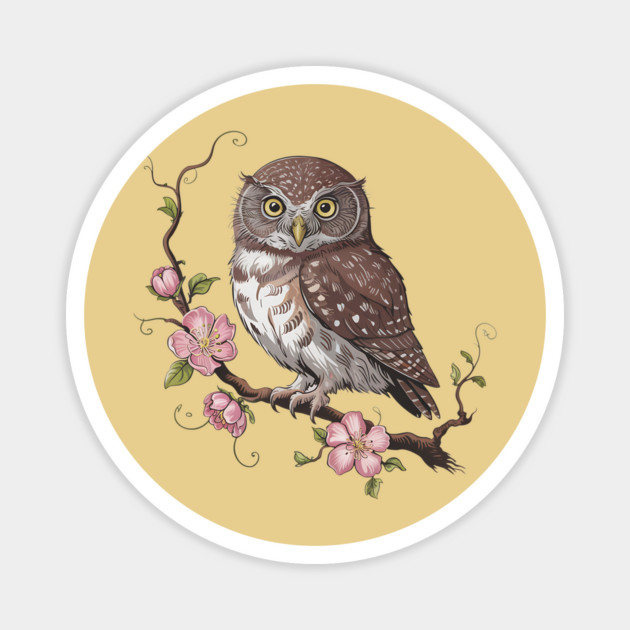 Pygmy Owl with Blossoms Vintage Botanical Art Magnet by BirdsnStuff