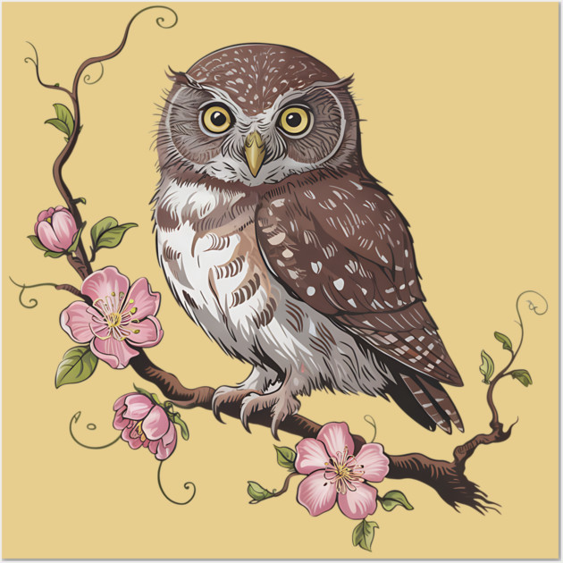 Pygmy Owl with Blossoms Vintage Botanical Art Wall Art by BirdsnStuff