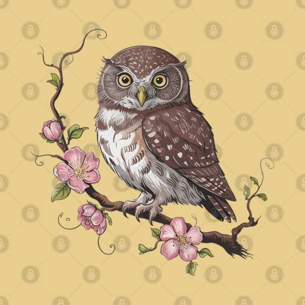Pygmy Owl with Blossoms Vintage Botanical Art by BirdsnStuff