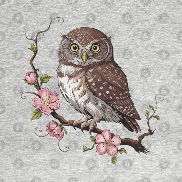 Pygmy Owl with Blossoms Vintage Botanical Art by BirdsnStuff