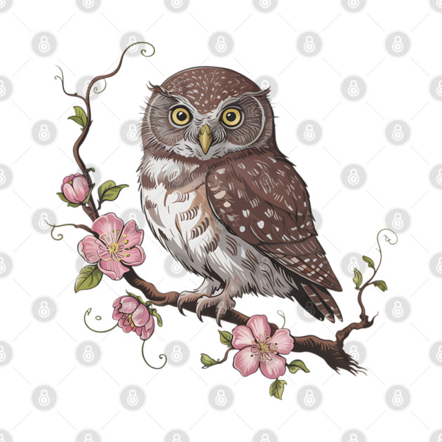 Pygmy Owl with Blossoms Vintage Botanical Art by BirdsnStuff