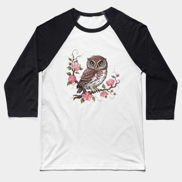 Pygmy Owl with Blossoms for Nature and Bird Lovers Baseball T-Shirt by BirdsnStuff