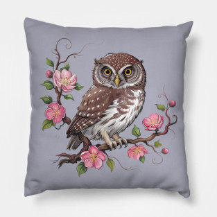 Pygmy Owl with Blossoms for Nature and Bird Lovers Pillow