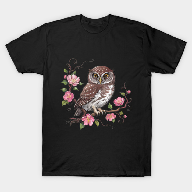 Pygmy Owl with Blossoms for Nature and Bird Lovers T-Shirt by BirdsnStuff