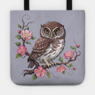 Pygmy Owl with Blossoms for Nature and Bird Lovers Tote