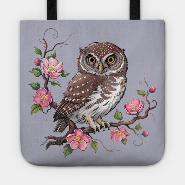 Pygmy Owl with Blossoms for Nature and Bird Lovers Tote by BirdsnStuff