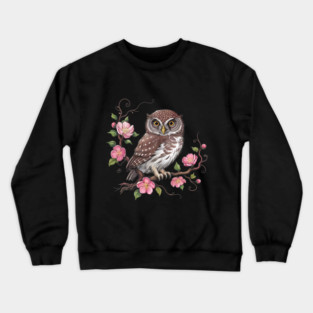 Pygmy Owl with Blossoms for Nature and Bird Lovers Crewneck Sweatshirt
