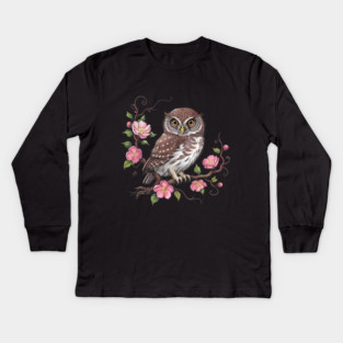 Pygmy Owl with Blossoms for Nature and Bird Lovers Kids Long Sleeve T-Shirt