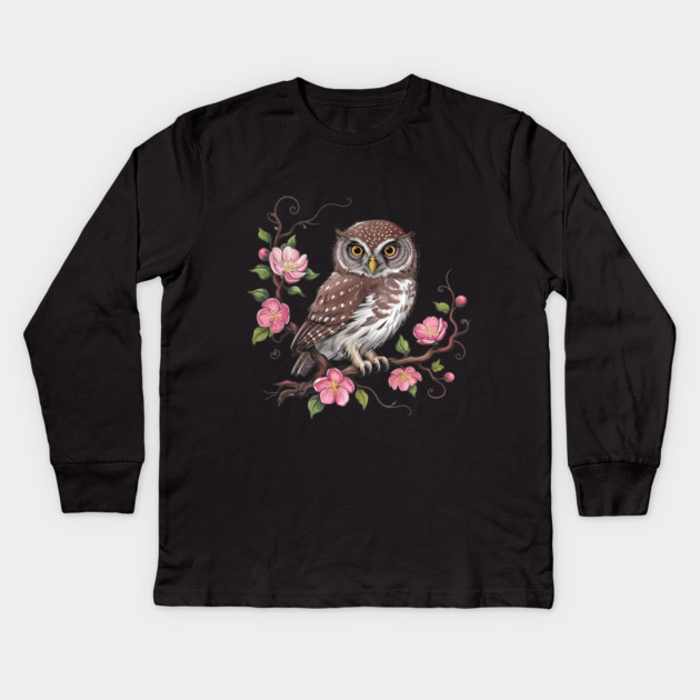 Pygmy Owl with Blossoms for Nature and Bird Lovers Kids Long Sleeve T-Shirt by BirdsnStuff