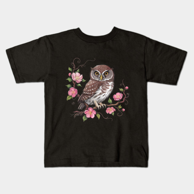 Pygmy Owl with Blossoms for Nature and Bird Lovers Kids T-Shirt by BirdsnStuff