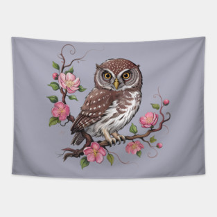 Pygmy Owl with Blossoms for Nature and Bird Lovers Tapestry
