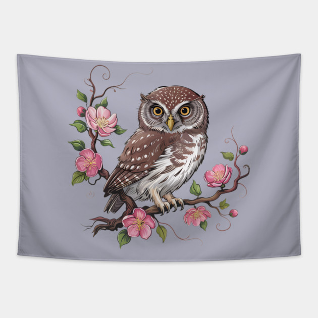 Pygmy Owl with Blossoms for Nature and Bird Lovers Tapestry by BirdsnStuff