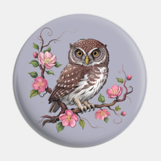Pygmy Owl with Blossoms for Nature and Bird Lovers Pin