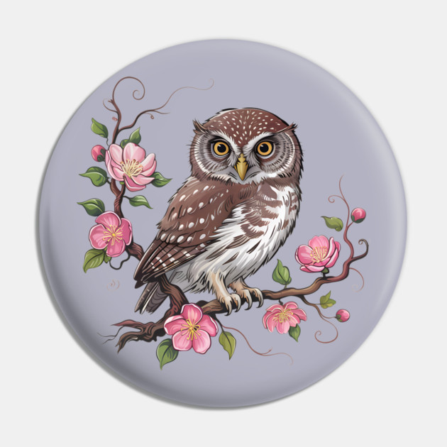 Pygmy Owl with Blossoms for Nature and Bird Lovers Pin by BirdsnStuff