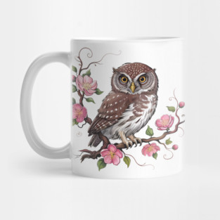 Pygmy Owl with Blossoms for Nature and Bird Lovers Mug