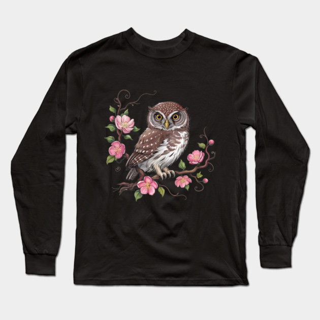 Pygmy Owl with Blossoms for Nature and Bird Lovers Long Sleeve T-Shirt by BirdsnStuff