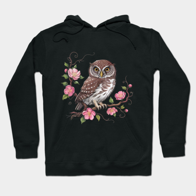 Pygmy Owl with Blossoms for Nature and Bird Lovers Hoodie by BirdsnStuff