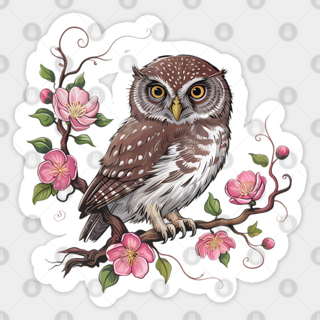 Pygmy Owl with Blossoms for Nature and Bird Lovers Sticker by BirdsnStuff