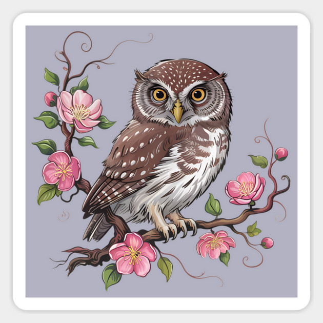 Pygmy Owl with Blossoms for Nature and Bird Lovers Magnet by BirdsnStuff